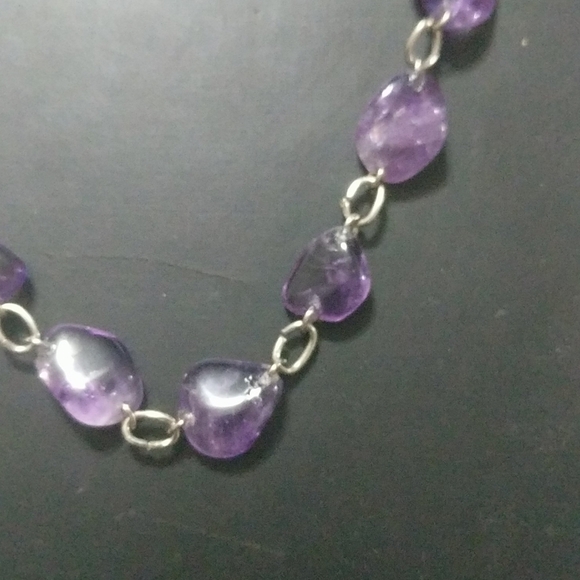 Silver Tone Purple Polished Amethyst Gemstone Chunk Statement Necklace - Picture 2 of 2